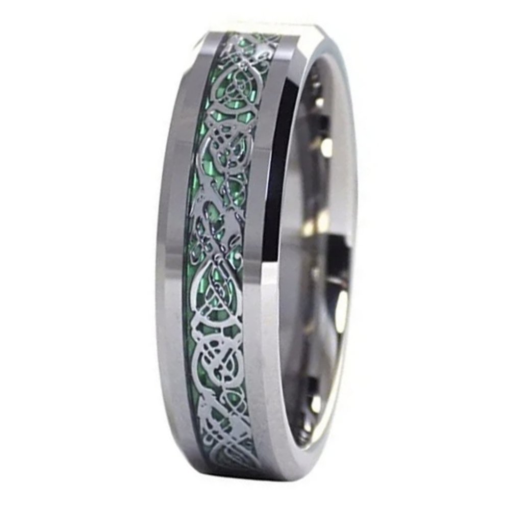 Womens Tungsten Wedding Band 6mm. Silver Celtic Knot Wedding Band w/ Green Resin